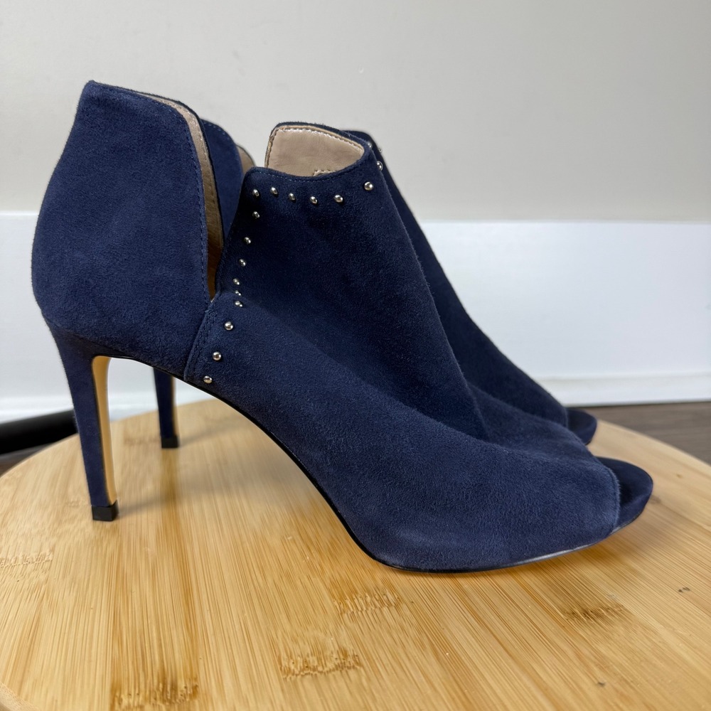 White House Black Market Shootie Women 9.5 Blue Suede Studded Louise Peep Toe